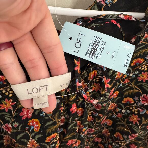 Loft Black Shimmer Floral Ruffle Flare Mini Dress US Womens S Petite New - Picture 5 of 7